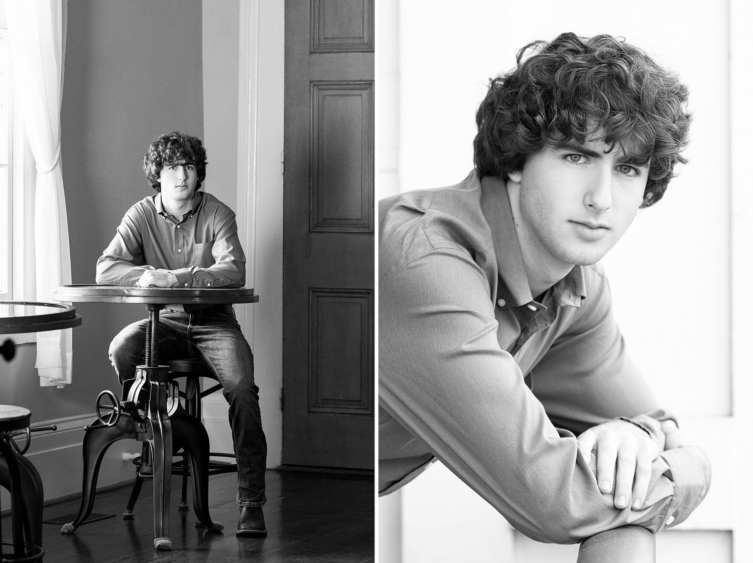 Black and white portrait diptych of a young man with curly hair, seated at a table and posing in a studio setting.