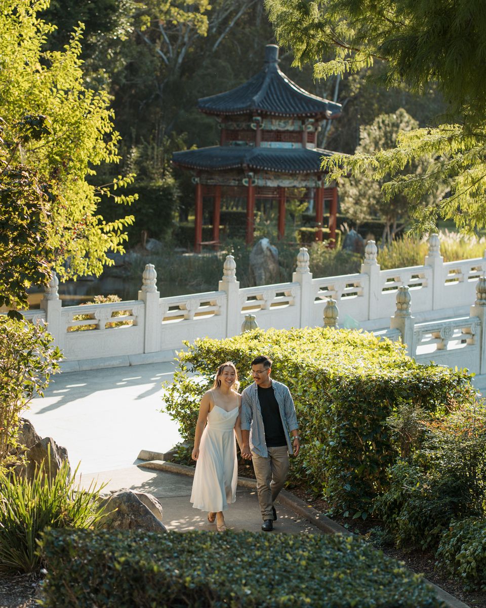 Couple walking hand in hand through Chinese garden with a pagoda and white bridge in the background in western sydney parklands photoshoot