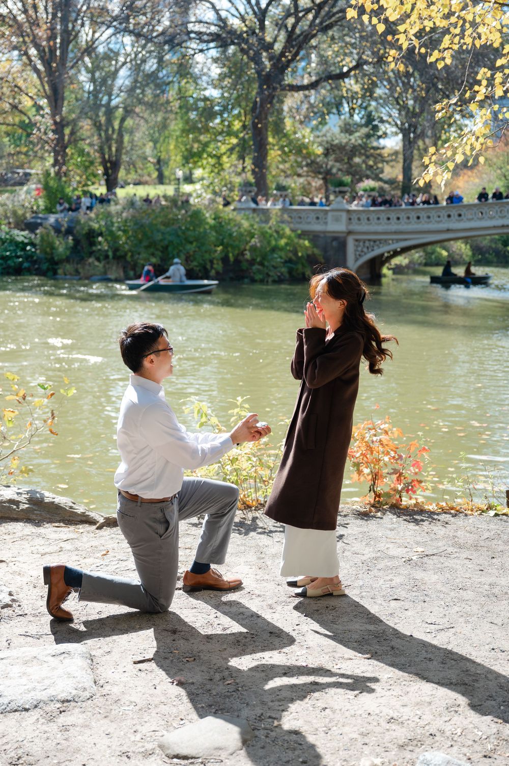 Man proposes on one knee to surprised woman by a lake in Central Park, New York City, in autumn.