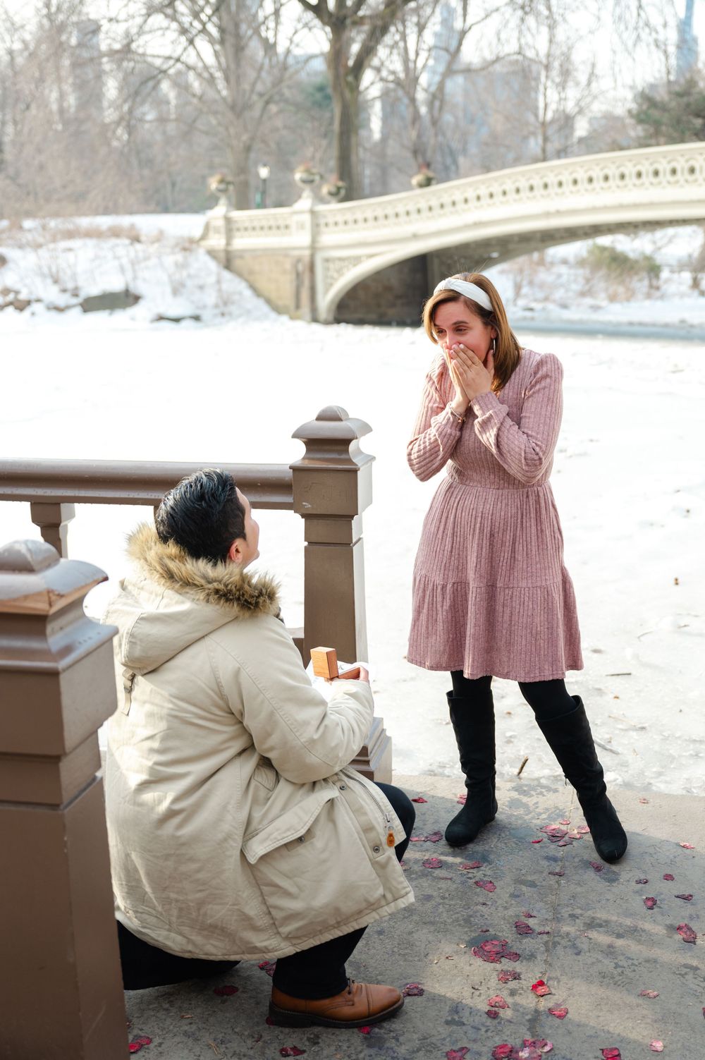 Winter marriage proposal at Central Park with man on one knee and surprised woman covering her mouth.