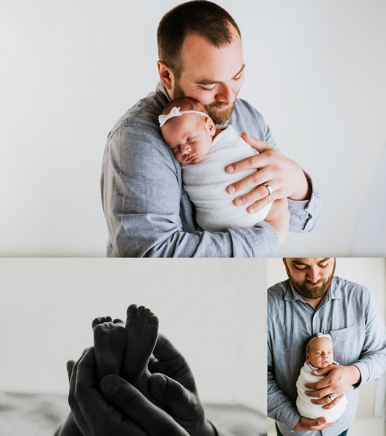 A father tenderly holds his swaddled newborn baby close to his chest in a bright, minimalist studio setting.