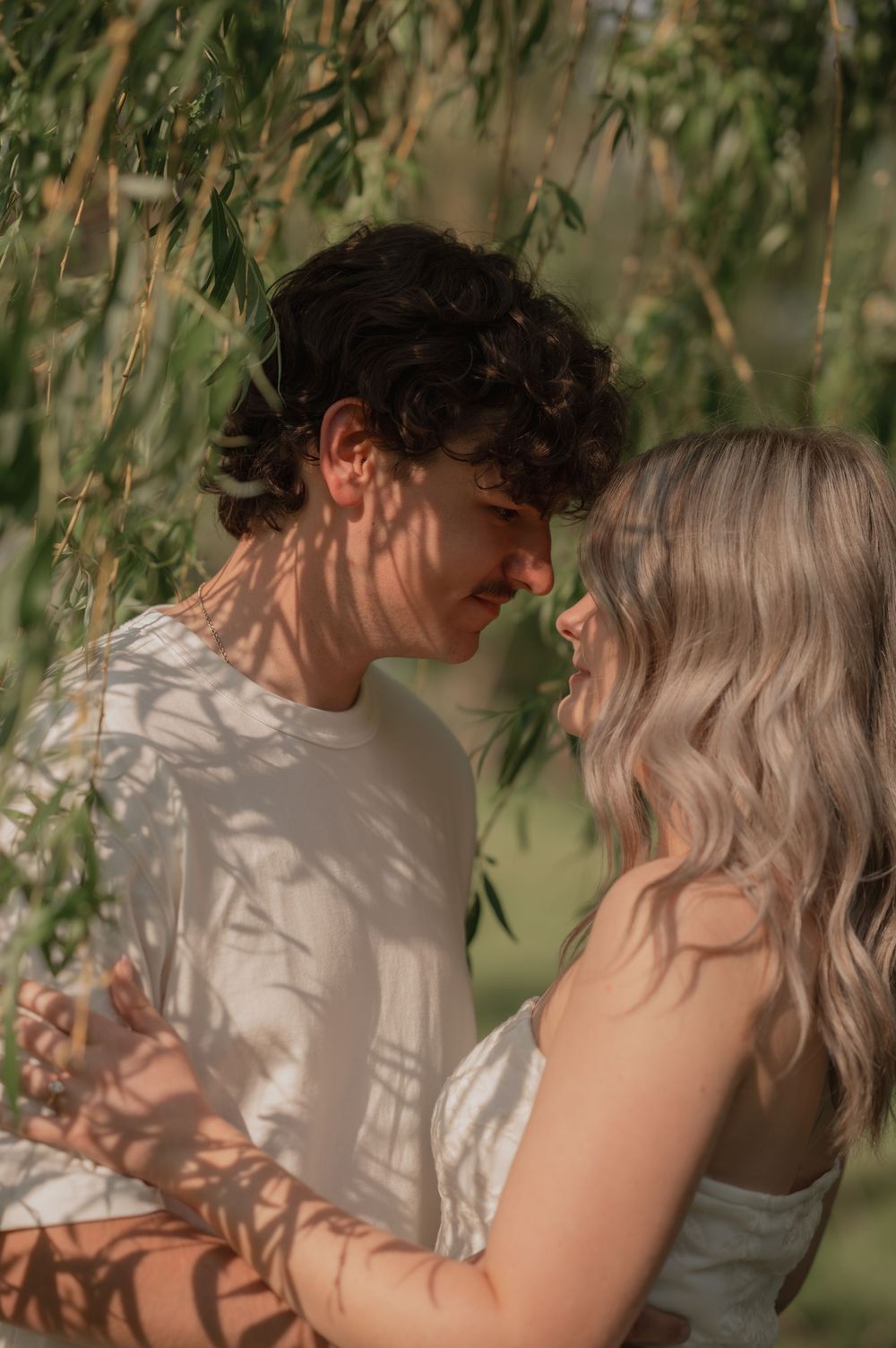 Romantic couple embracing under willow tree branches in warm sunlight, woman with blonde hair and man with curly dark hair.