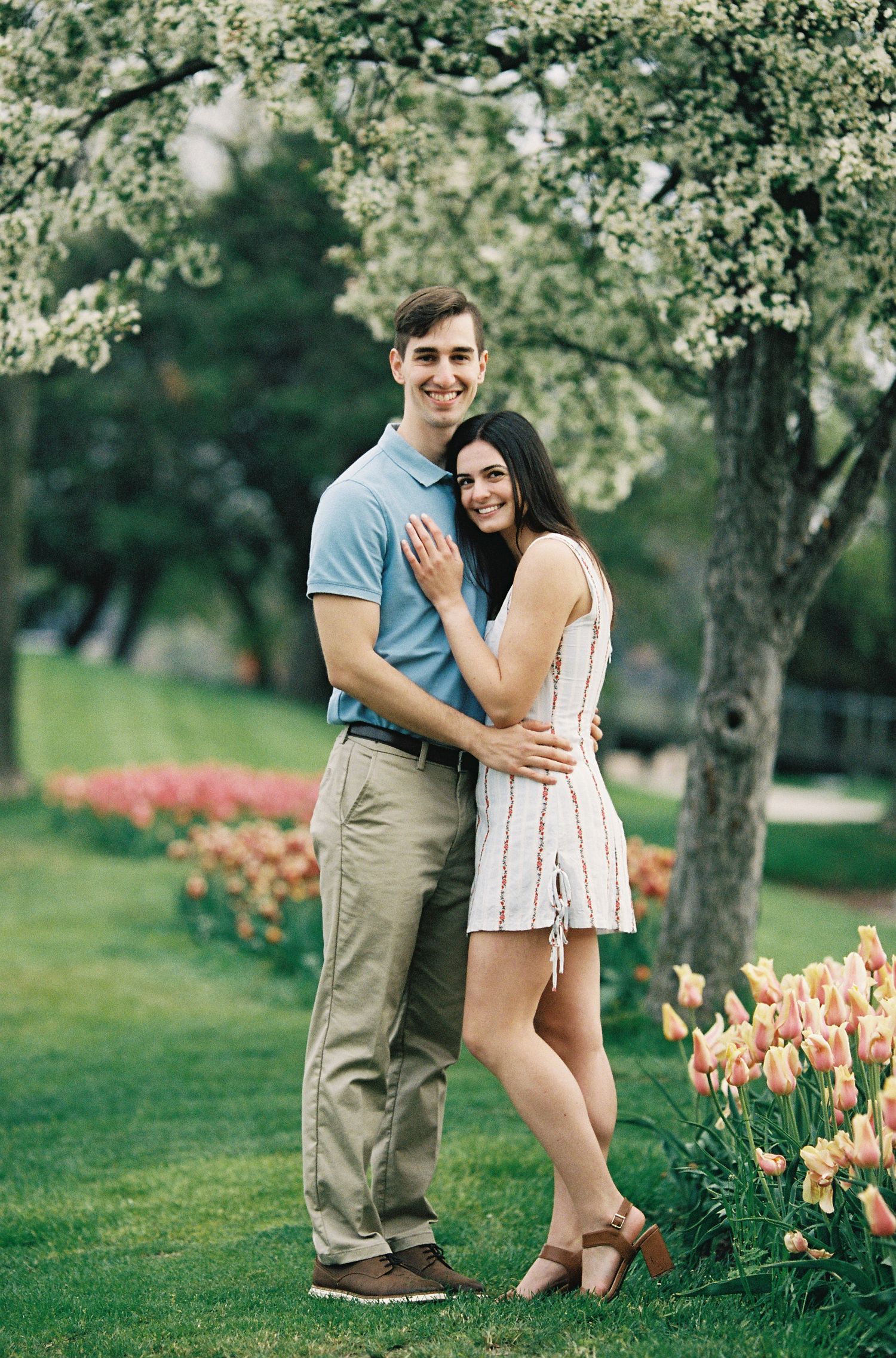 Couple embracing and smiling in a spring garden with blooming white trees and colorful tulips.