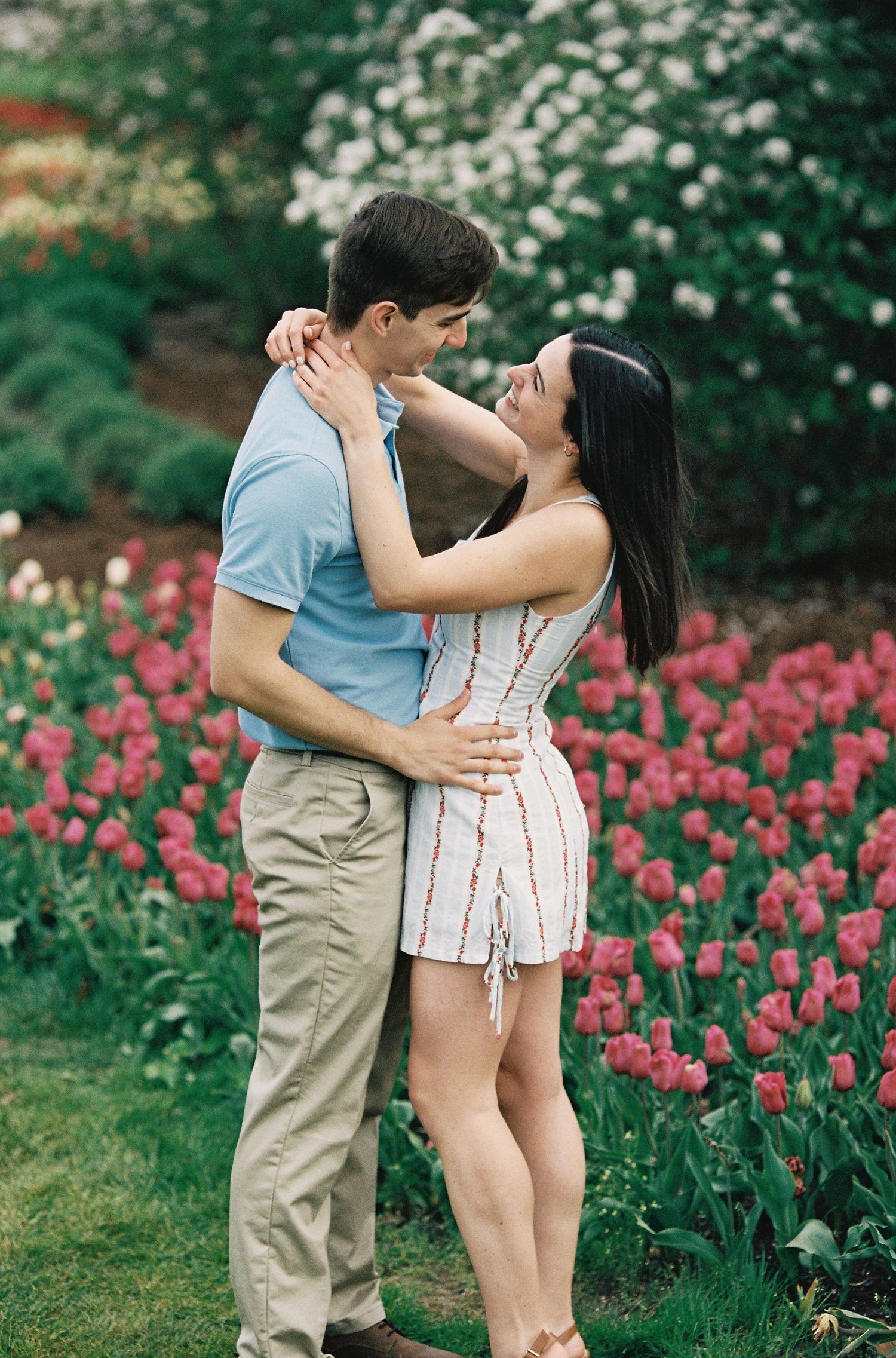 Couple gazing at each other lovingly among pink tulips, woman in white dress hugging man in blue polo.
