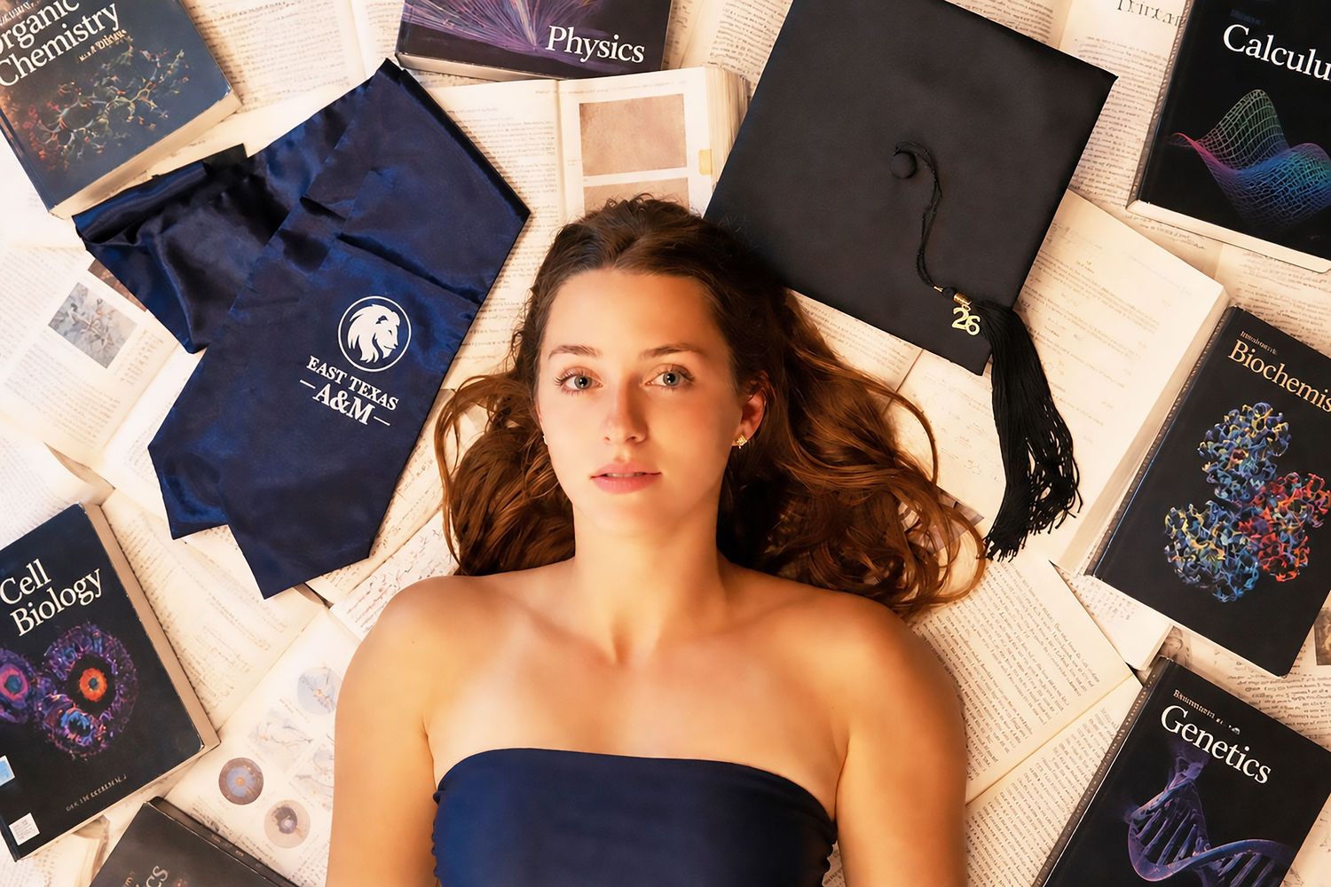 woman laying on her back looking up at the camera with college textbooks open scatted on the floor around her with her grad cap and stole.