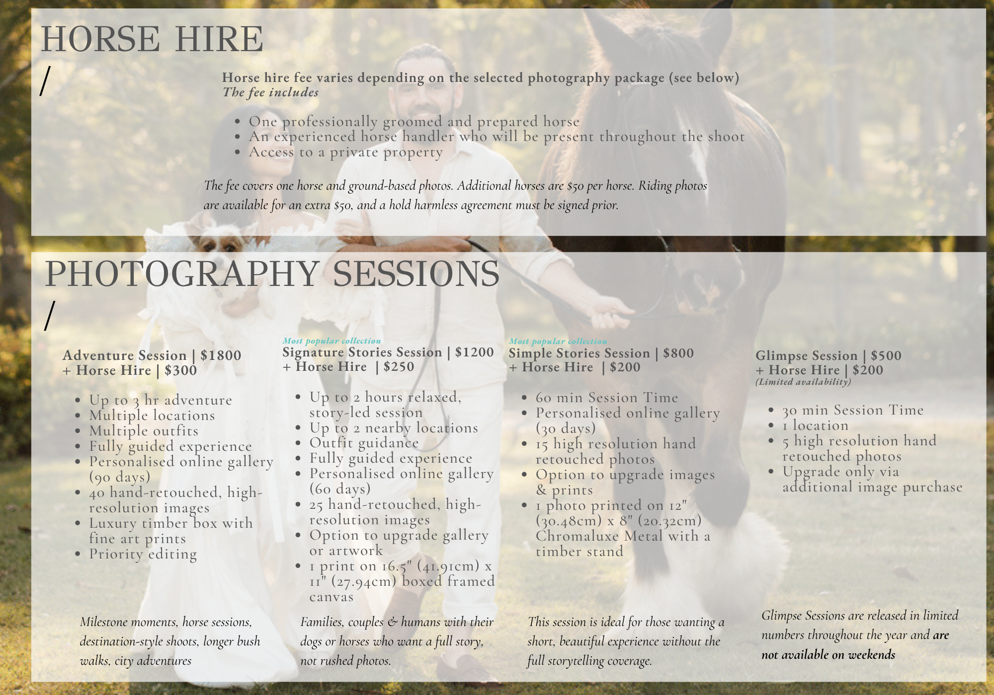 Photography packages and session pricing menu with bridge backdrop.
