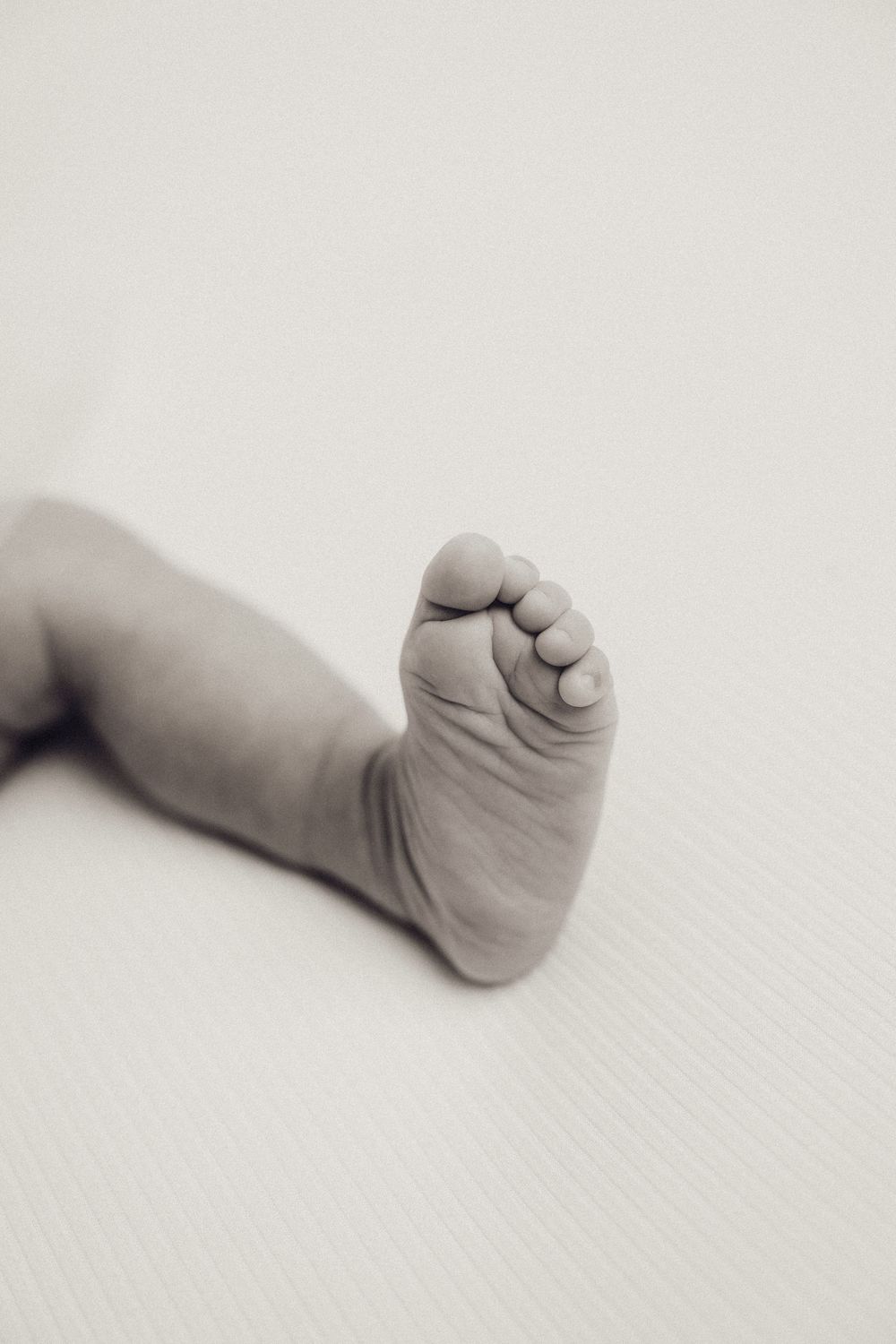 Black and white close-up of newborn baby tiny foot and toes.
