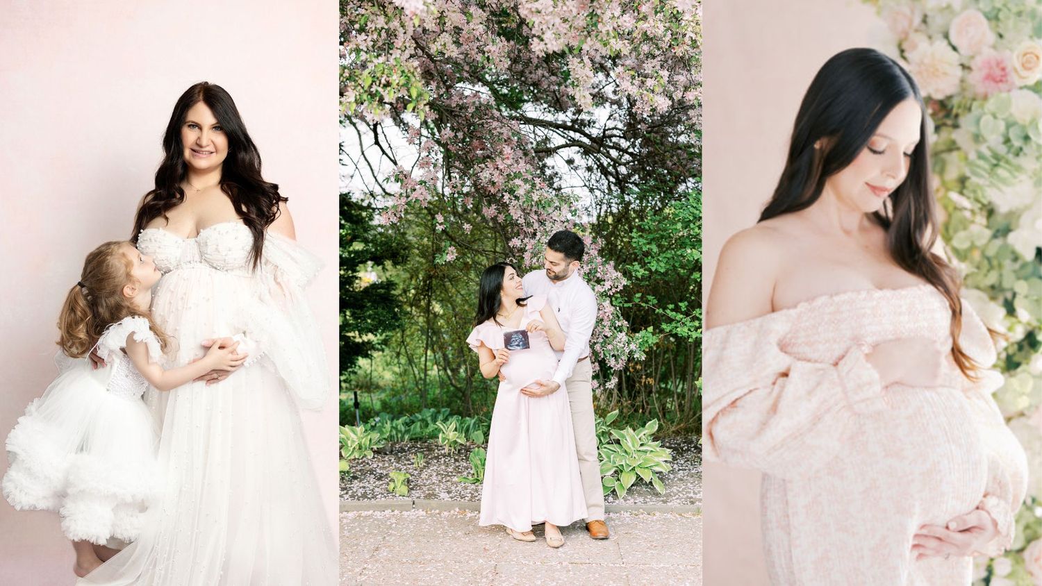 Three maternity photos featuring pregnant women in soft pink and white gowns, posing outdoors and in studio settings.
