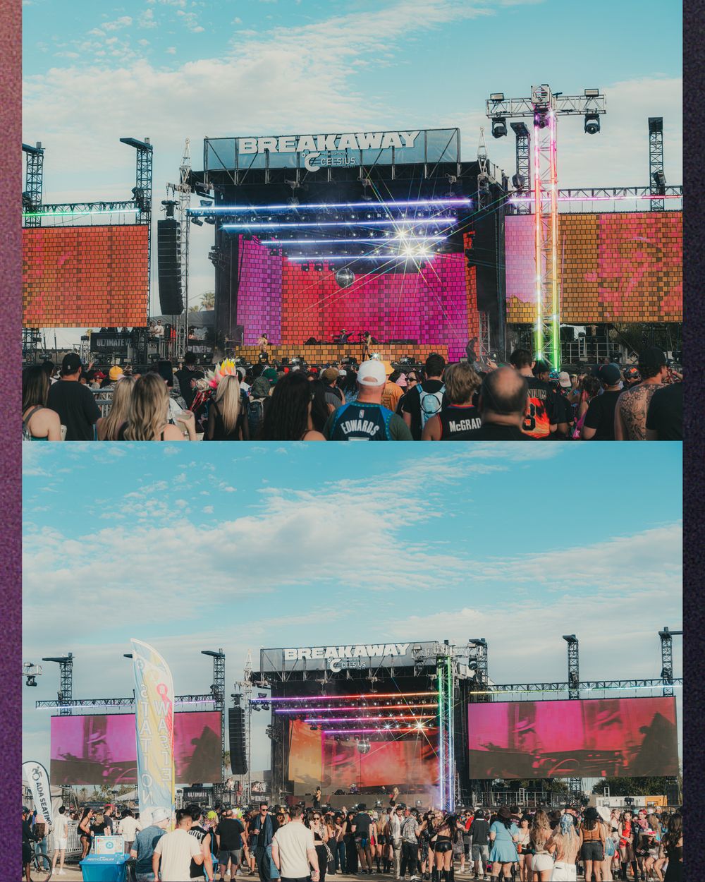 Breakaway Music Festival outdoor stage with colorful LED lights, large crowd enjoying performances under a bright blue sky.
