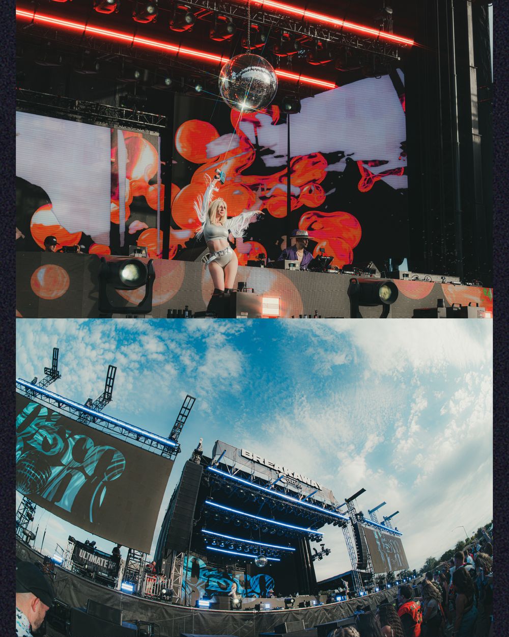 Two-panel collage of a vibrant music festival featuring a DJ on stage with disco ball and large LED screens under blue skies.