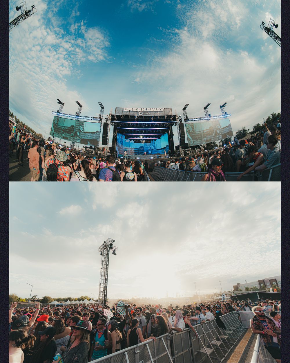 Aerial fisheye view of a massive outdoor music festival crowd in front of a large stage under a dramatic blue sky.