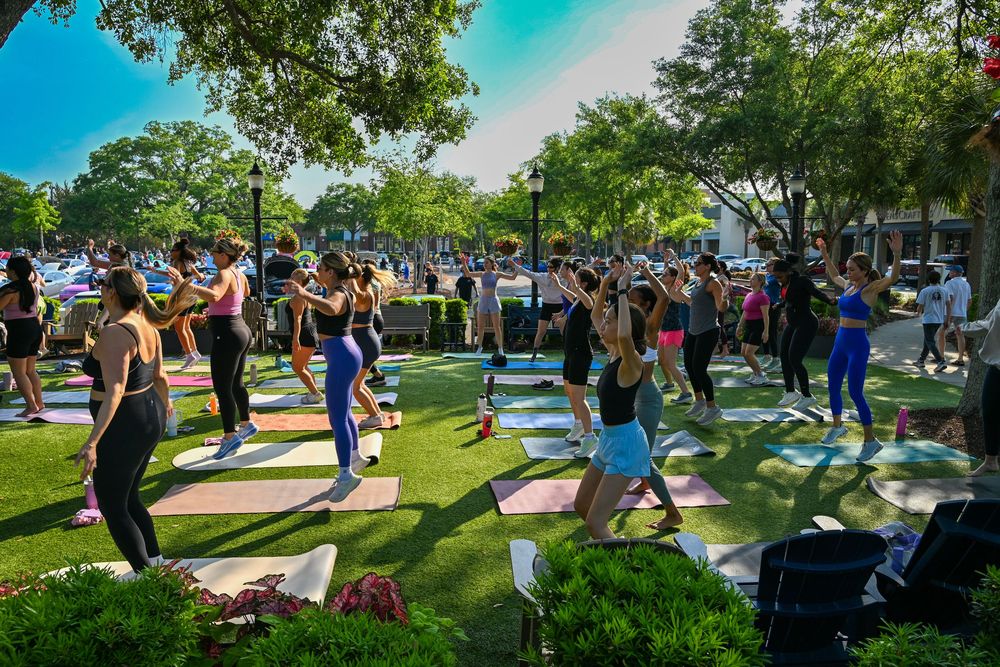 Large group outdoor yoga class on colorful mats in a sunny park with lush green trees.