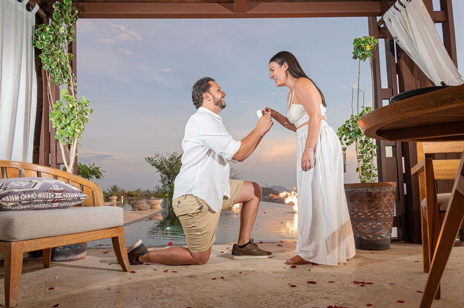 Romantic proposal at Casa Chameleon Las Catalinas Costa Rica during sunset