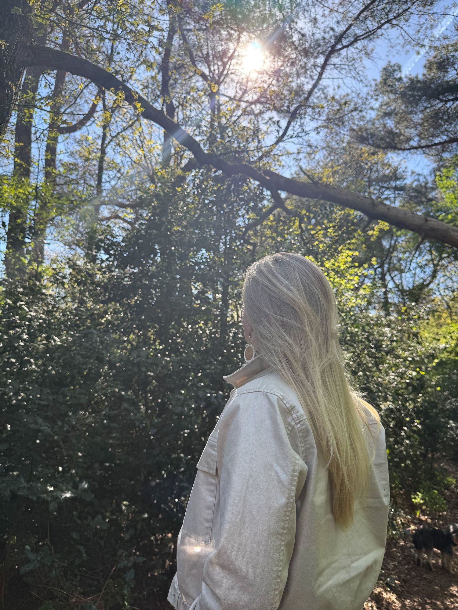 Blonde woman in white jacket standing in sunlit forest with trees and blue sky background.