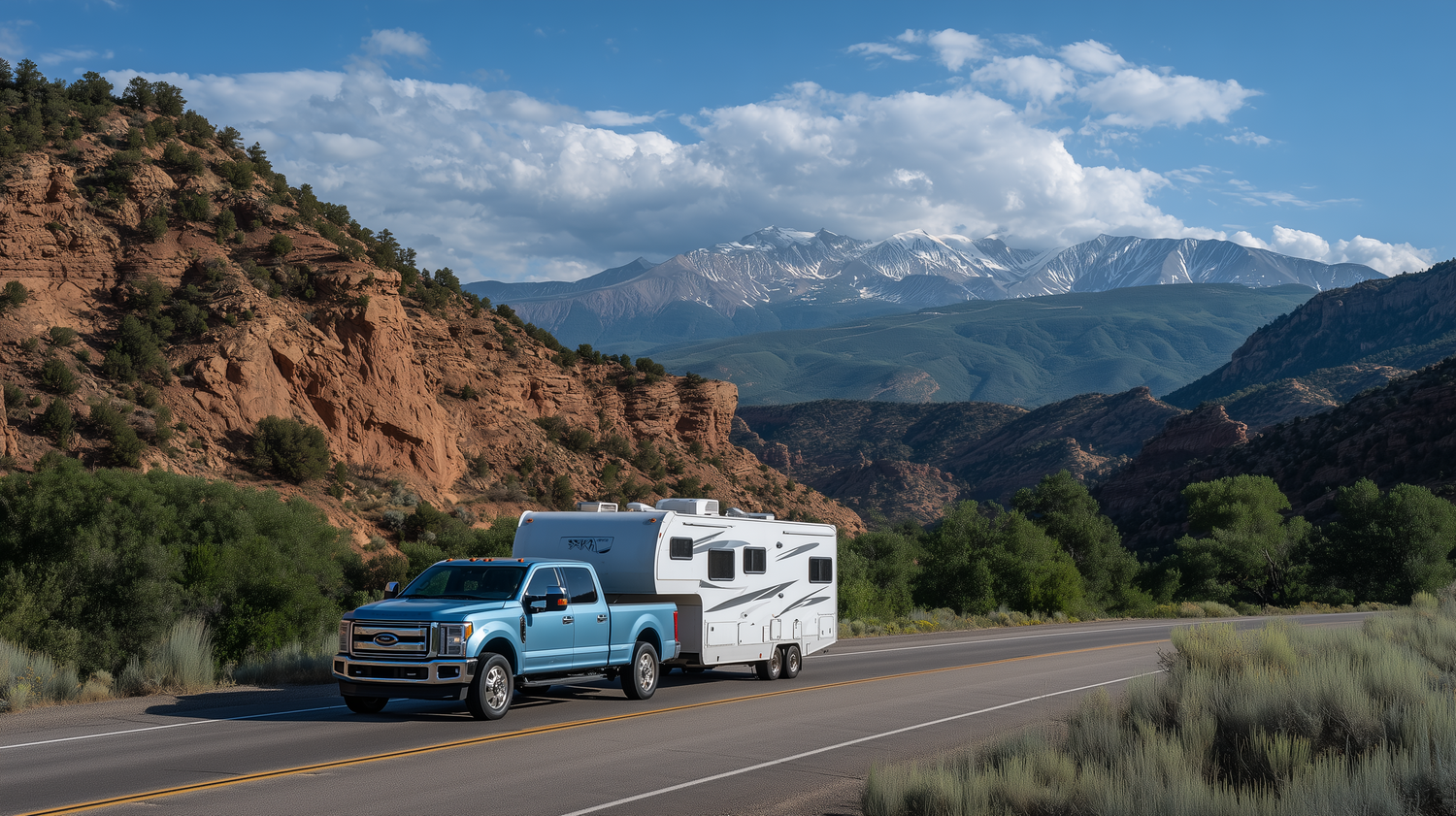 Blue pickup truck towing a fifth-wheel camper along a scenic highway with red rock mountains and snow-capped peaks.