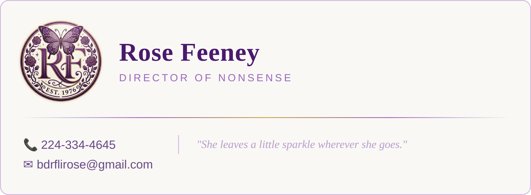 Rose Feeney Director of Nonsense business card with purple butterfly logo and contact details.