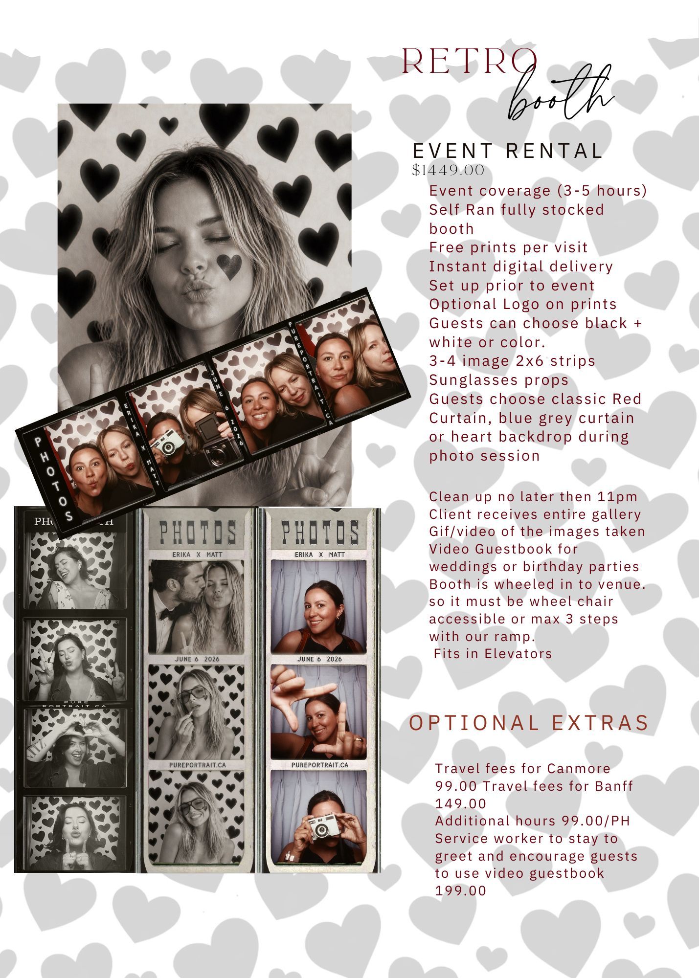 Retro photo booth rental service flyer showing event pricing, optional extras, and sample photo booth pictures with heart backdrop.