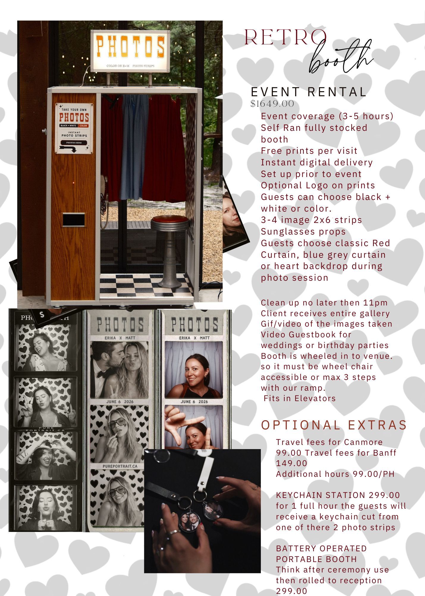 Retro photo booth rental service flyer showing event pricing, optional extras, and sample photo booth pictures with heart backdrop.