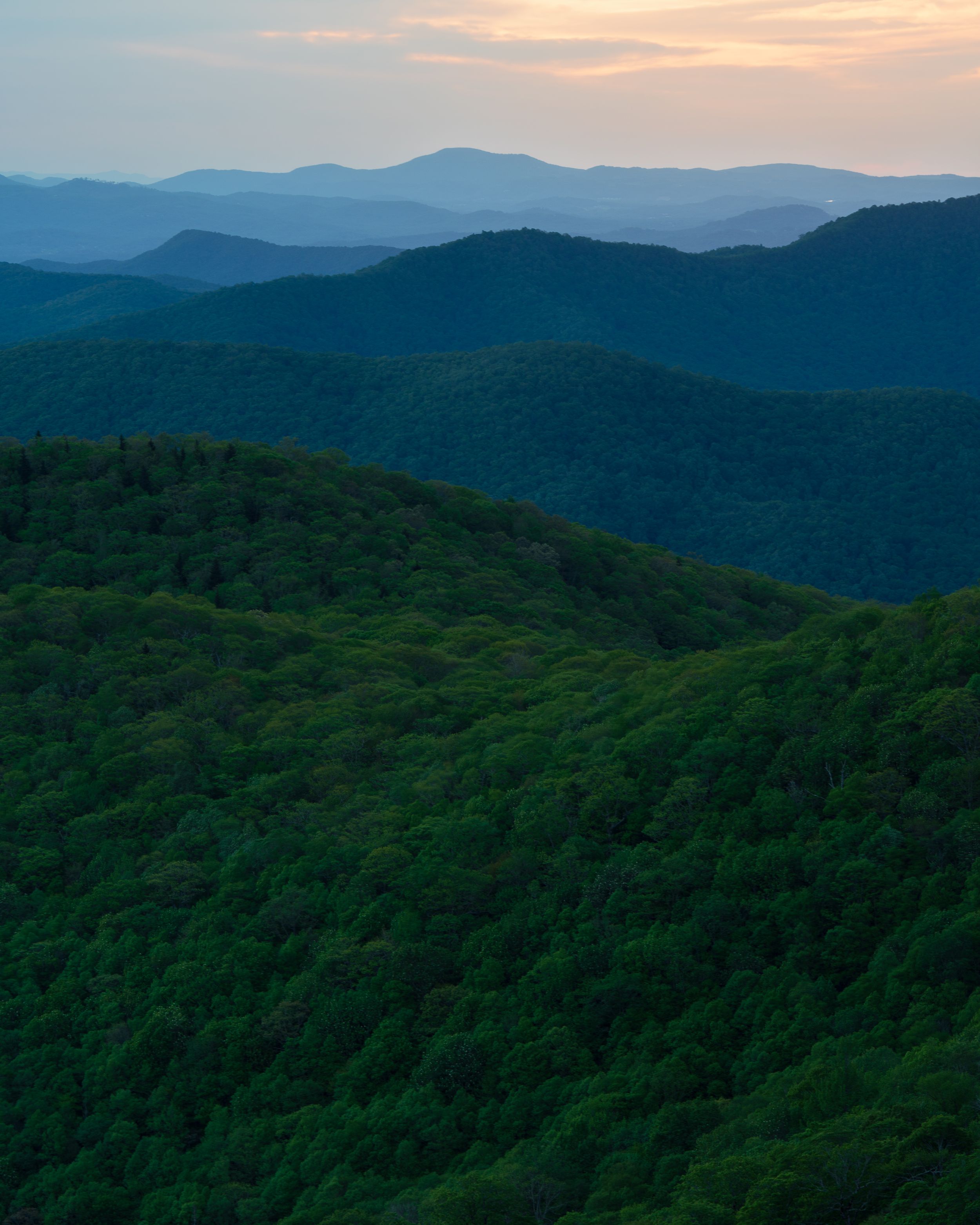 Vibrant green forested Blue Ridge Mountains rolling into hazy blue peaks at sunset.