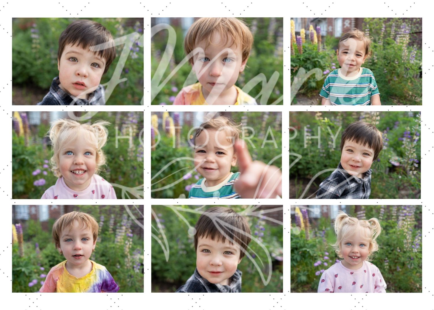 A collage of nine young children smiling outdoors in a garden setting by Maya Photography.