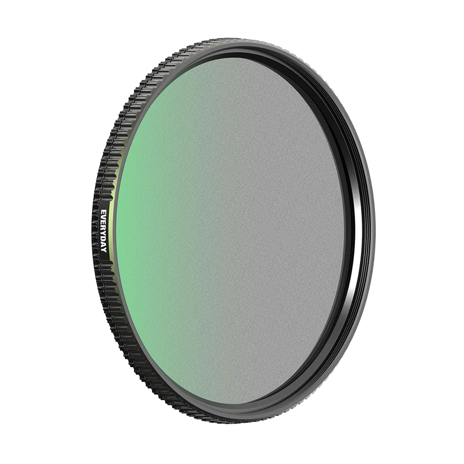 A circular camera lens filter with green tinted coating showing reflection on its metallic surface and grooved edges.