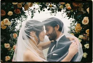 A romantic wedding portrait of a couple beneath an arch of yellow roses, sharing an intimate moment under a bridal veil.