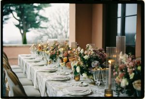 An elegant wedding reception table with white linens, floral centerpieces, and glowing candles against a window view.