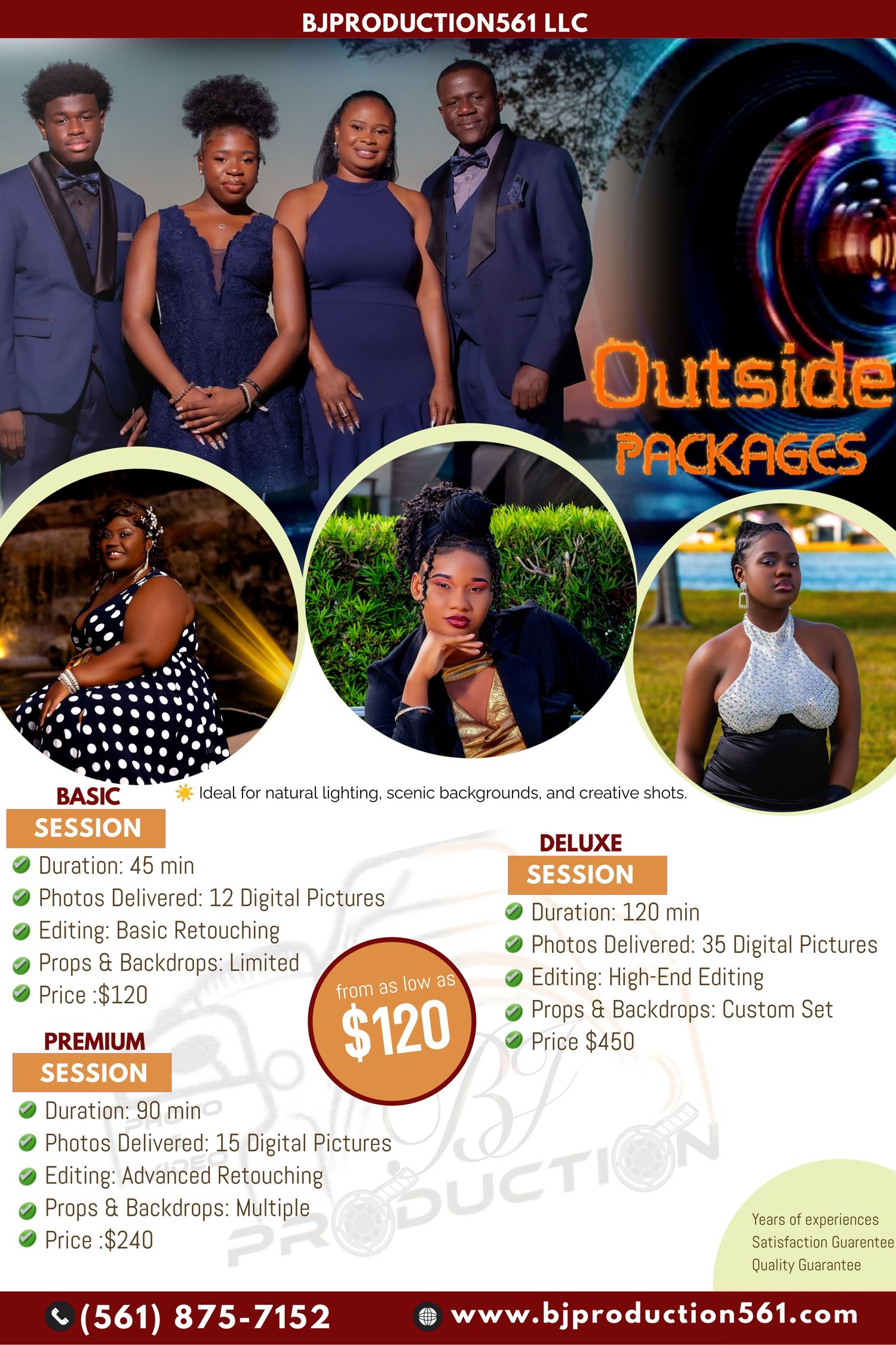 Professional photography packages flyer for outdoor photo sessions with sample images and pricing.