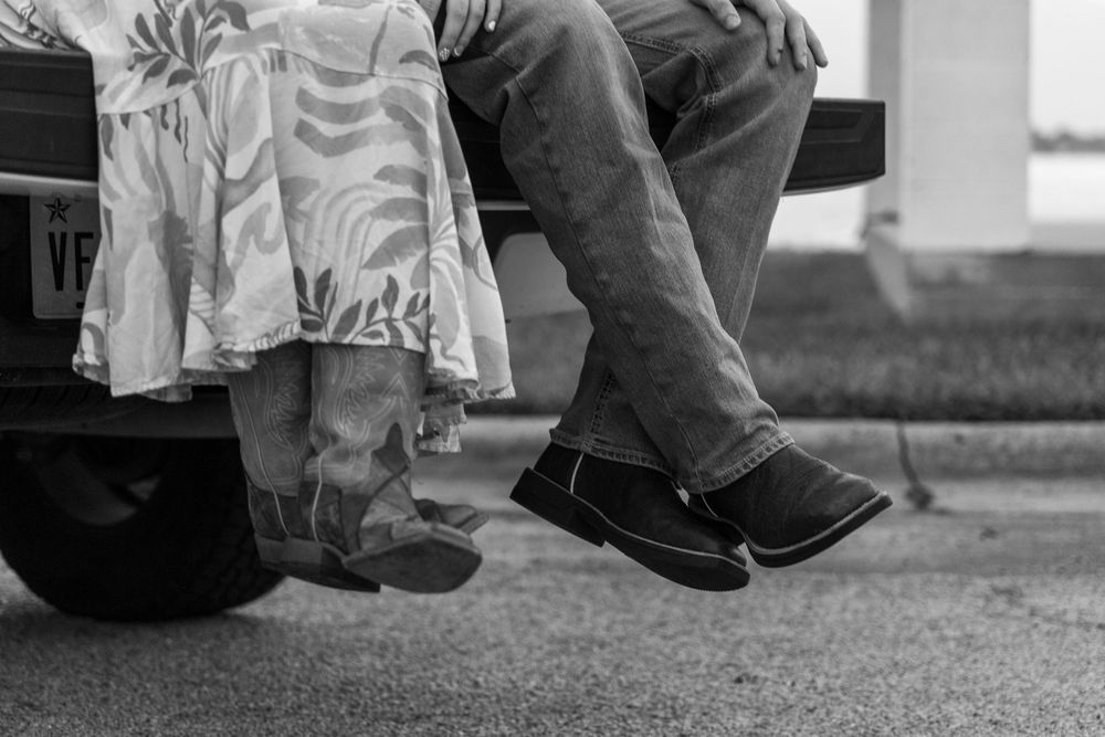 A series of black and white photographs showing close-up details of shoes and feet on the ground.