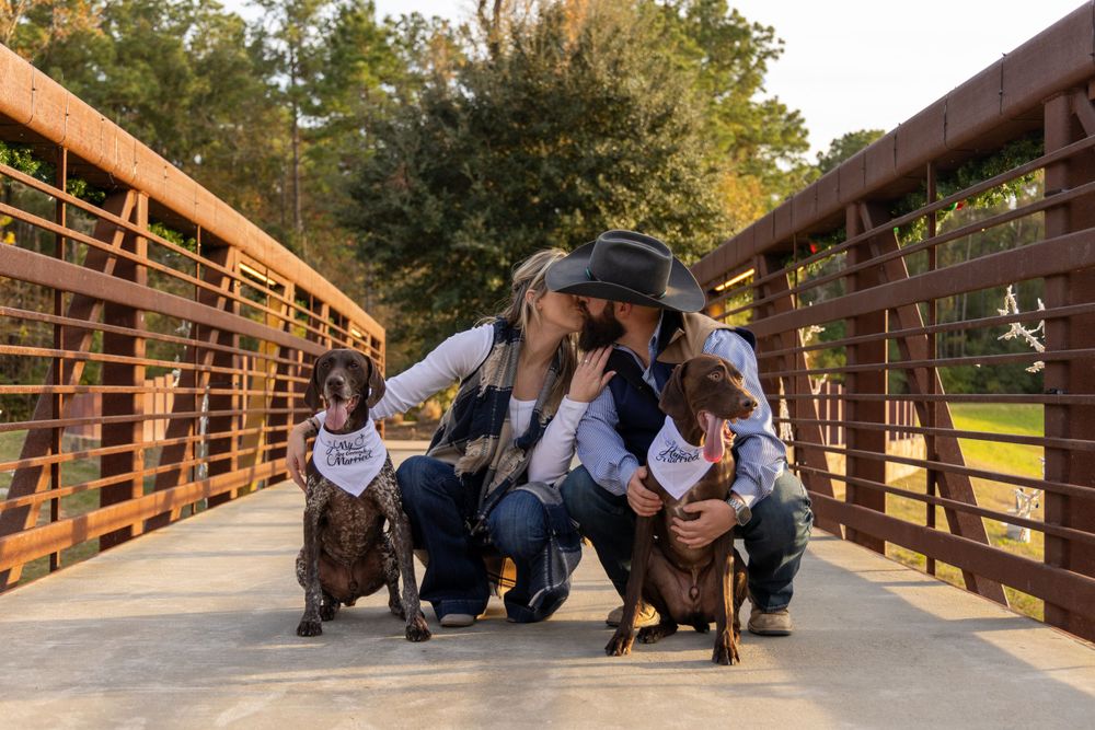 A family poses together on a wooden bridge during a sunset photo session.