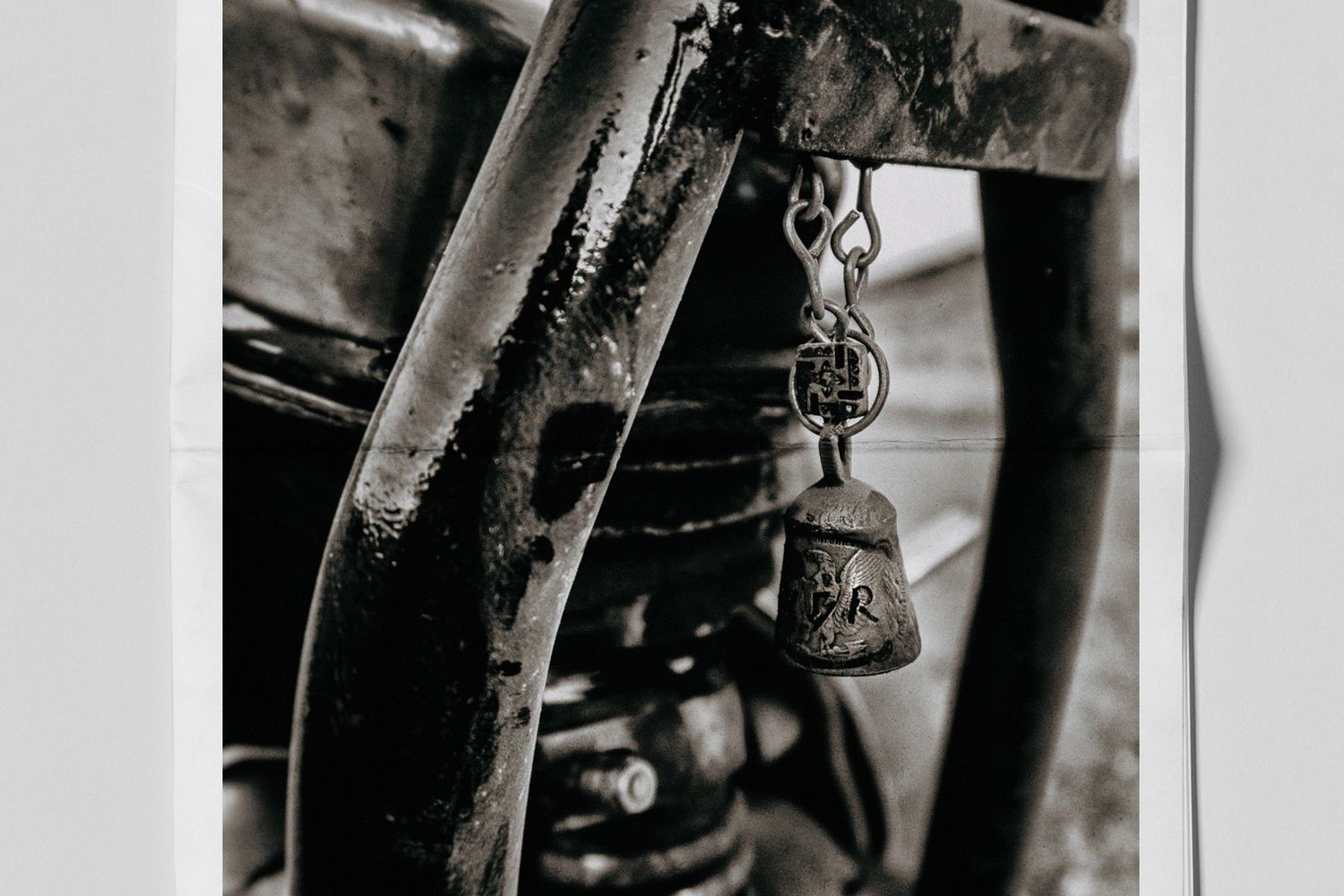 Guardian bell on 1948 panhead motorcycle photographed by Chris Douglas