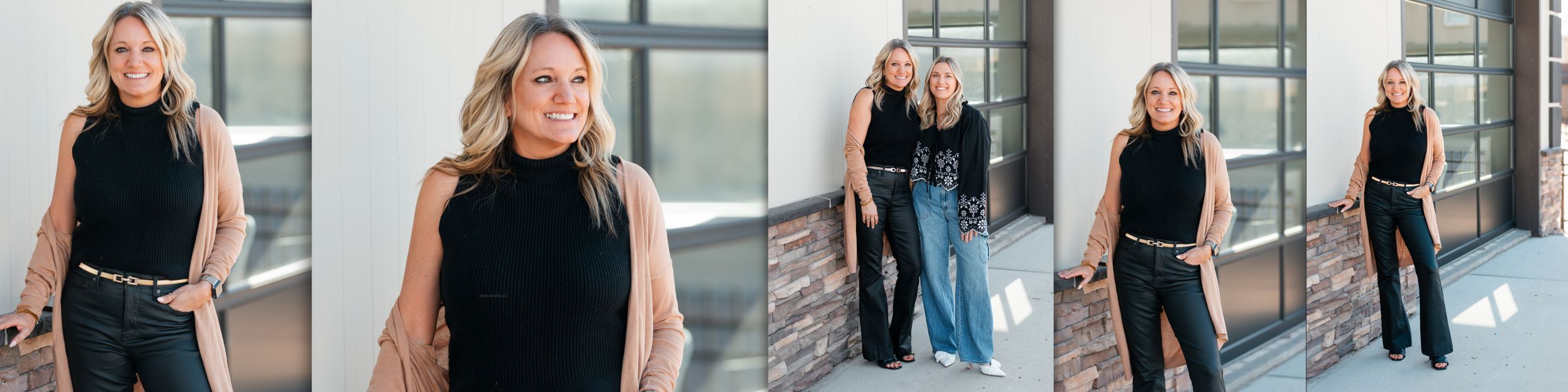 A series of professional lifestyle photos showing a sophisticated business look in black and denim against a modern interior.