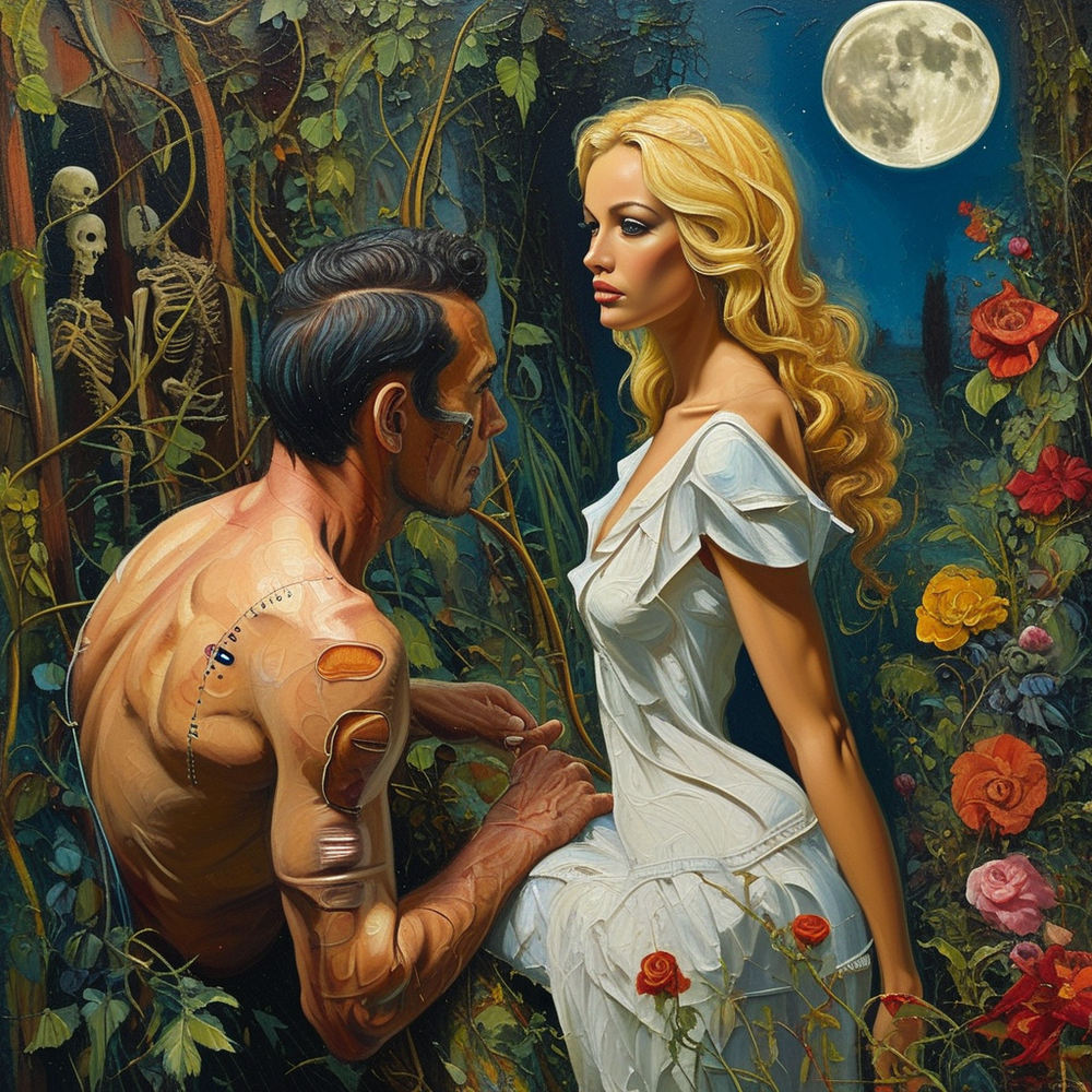Romantic fantasy artwork depicting couple in moonlit garden with roses and mystical atmosphere.