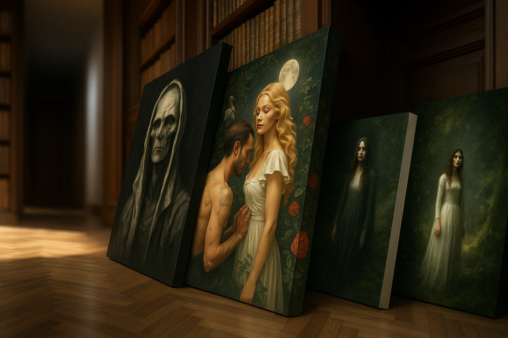 Row of dramatic portrait paintings displayed in warm sunlit interior setting.