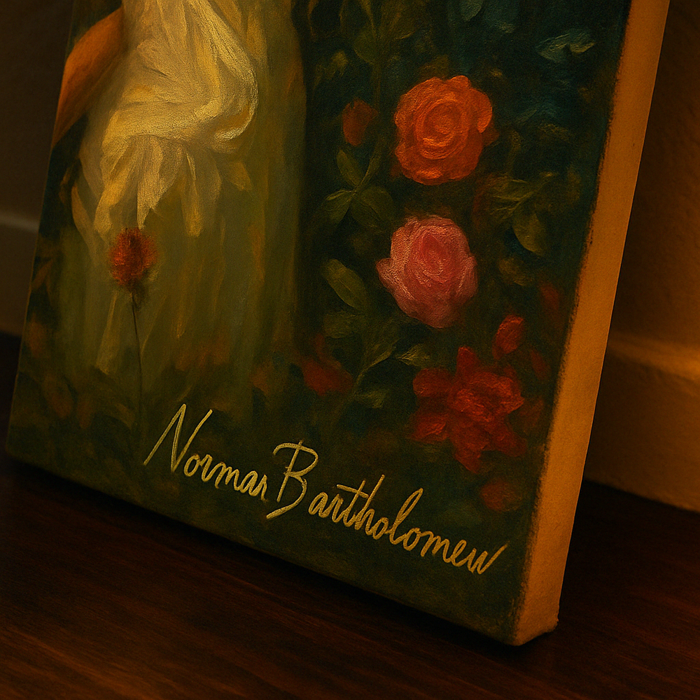 Close-up of canvas corner showing artist signature and red roses in oil painting.