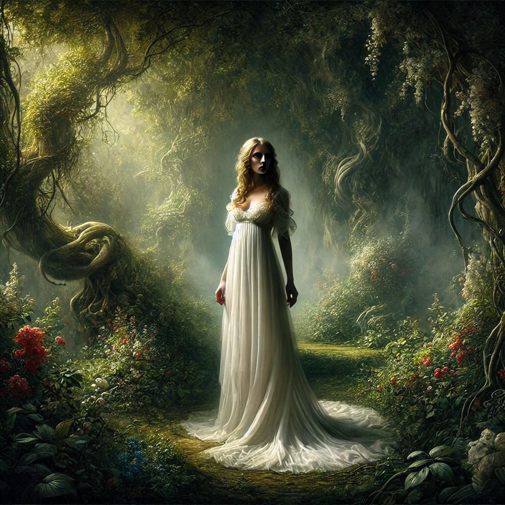 Ethereal white-gowned figure standing in a mystical forest clearing bathed in magical golden light.