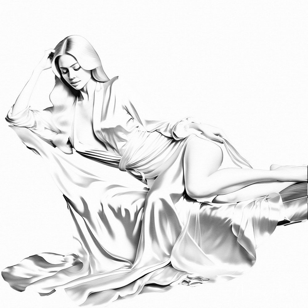 Artistic black and white rendering of a figure in flowing fabric in a reclining pose.