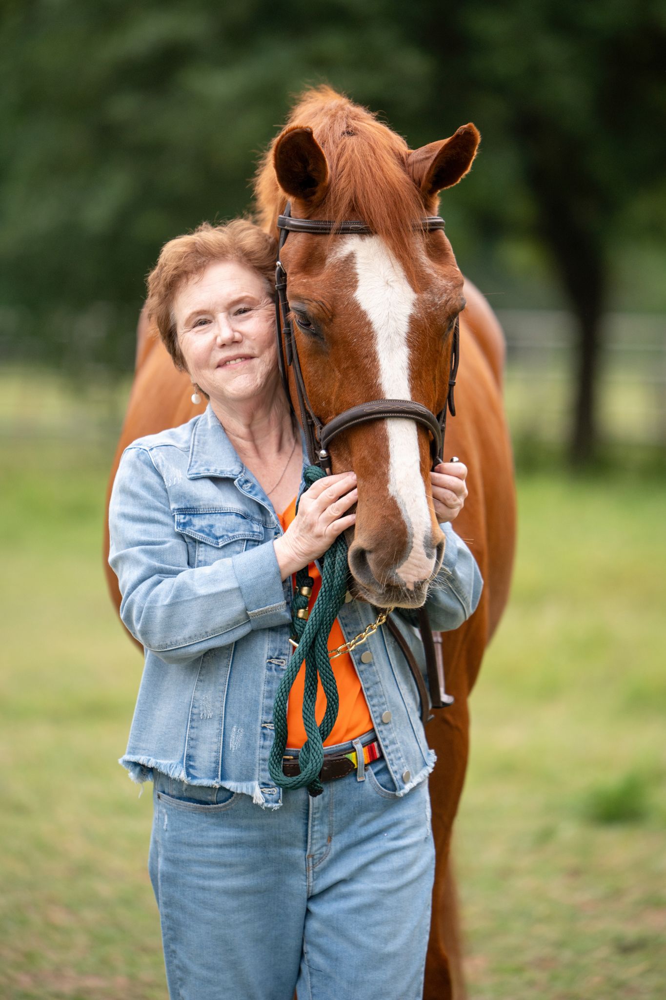 A chestnut horse with a white blaze stands close to a person wearing denim in a grassy field.