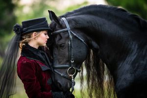 Tender moment between an equestrian wearing a burgundy velvet jacket and a majestic black Friesian horse.