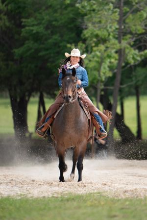 A person in cowboy attire riding a brown horse at full gallop through a dusty arena surrounded by trees.