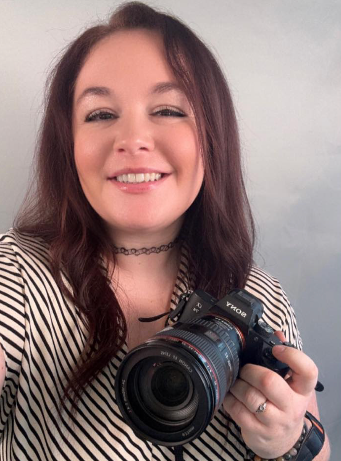 Photographer shows off professional camera equipment in selfie style photos.