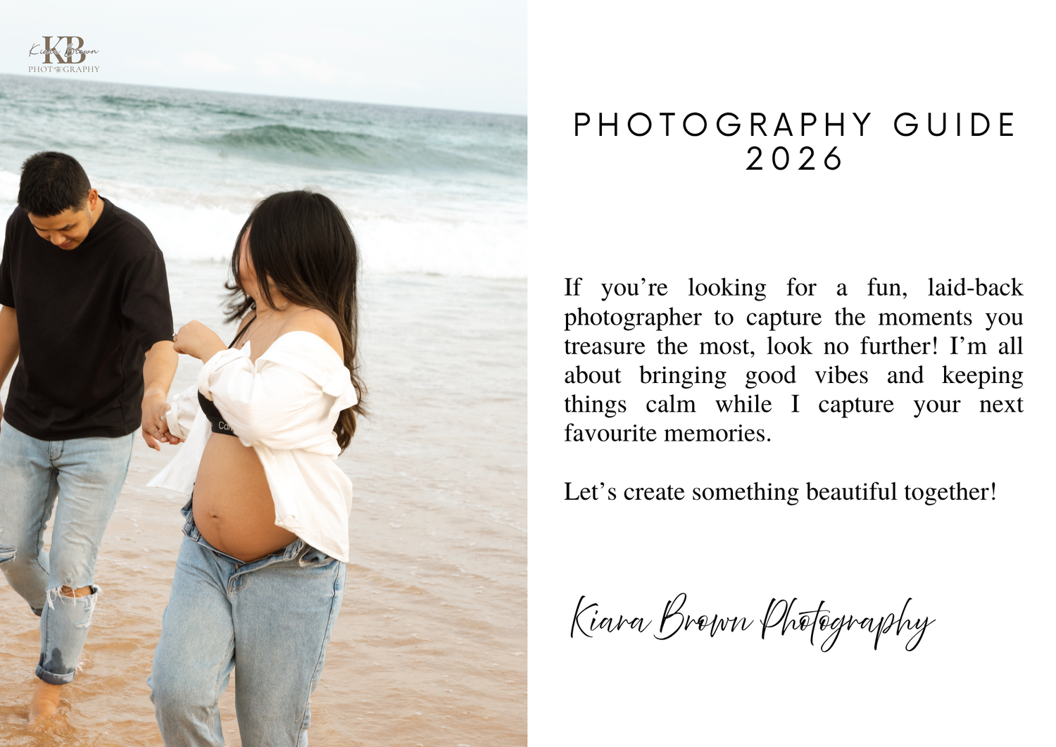 A professional photography guide booklet features an engagement photo and elegant typography on a clean white layout.