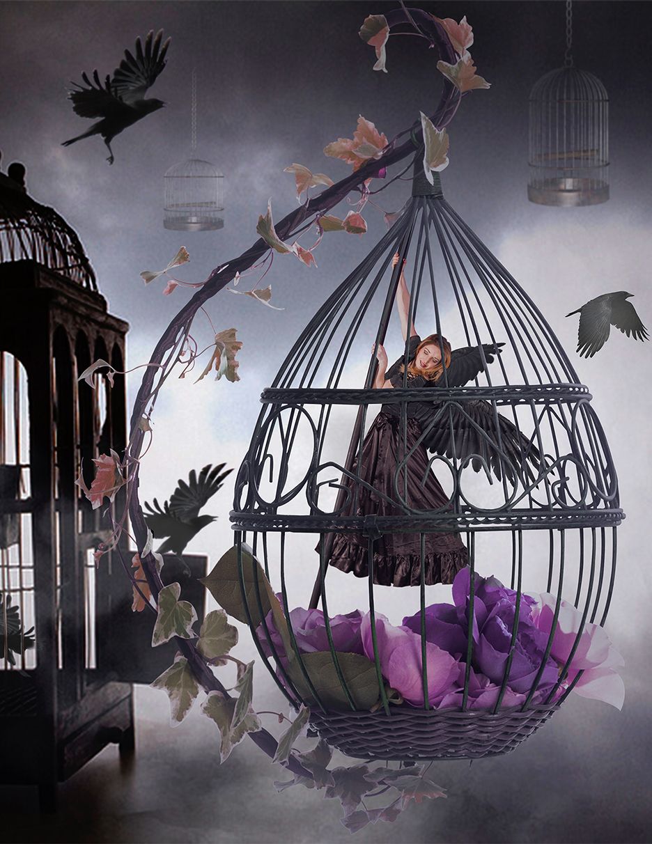Dark gothic artwork showing a woman as a black bird in an ornate birdcage with purple roses and silhouettes of ravens flying nearby.