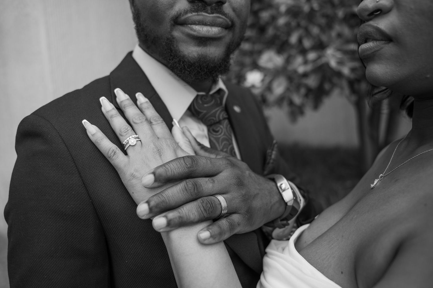 A collection of black and white photos showing people in formal attire at what appears to be a wedding celebration.