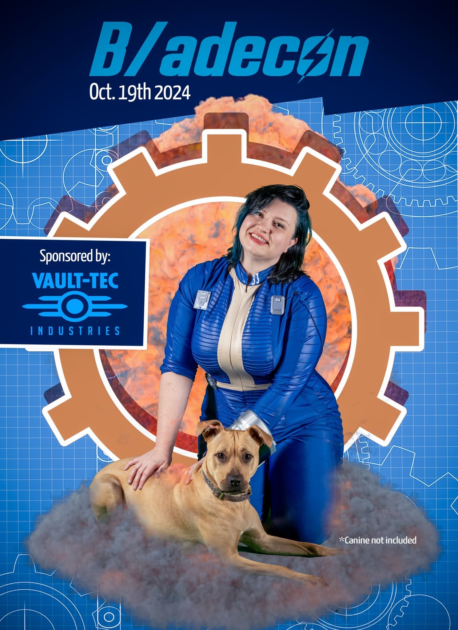 B/adecon convention poster featuring person in blue uniform with dog against technical background.