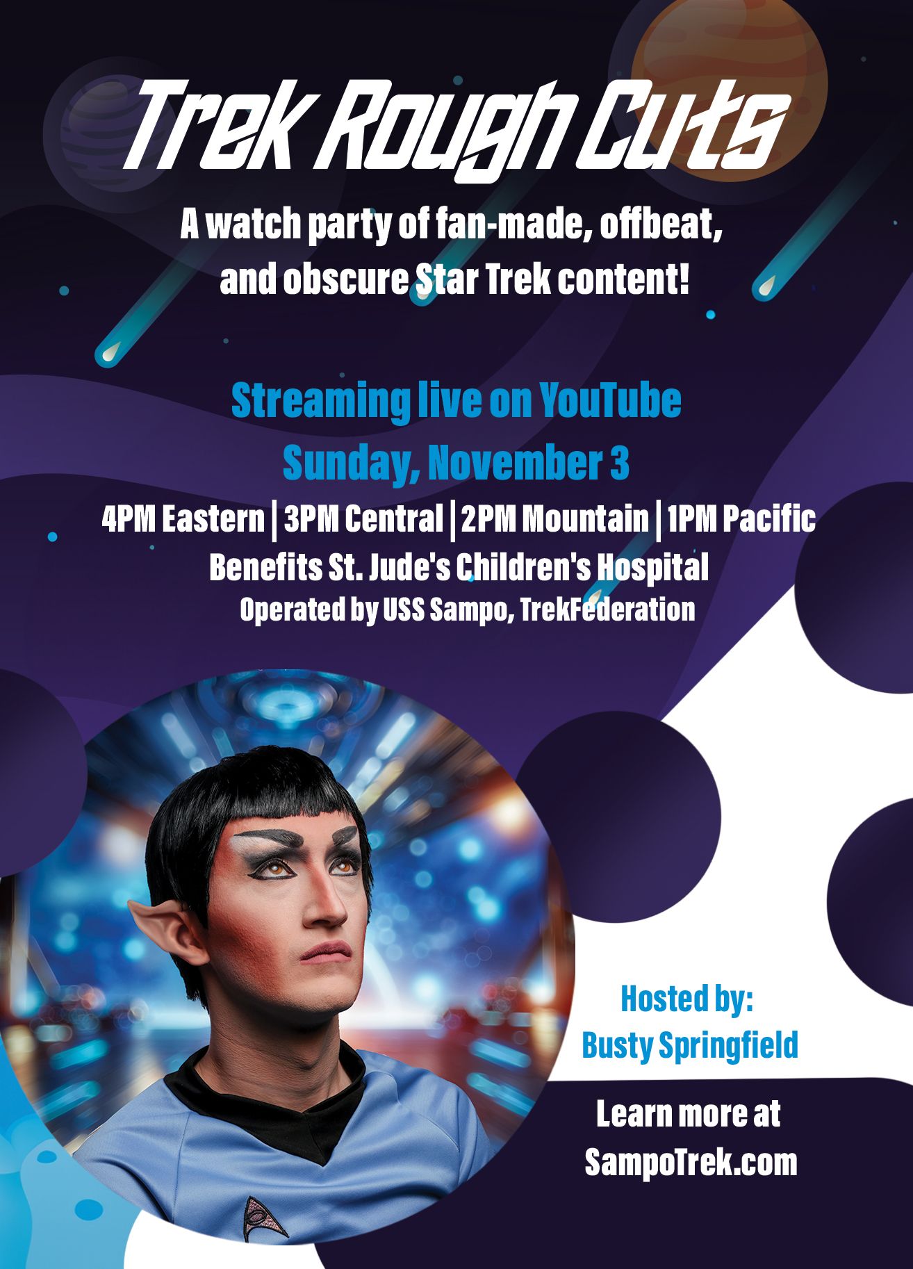 Star Trek fan event promotional poster with Vulcan character and event details.