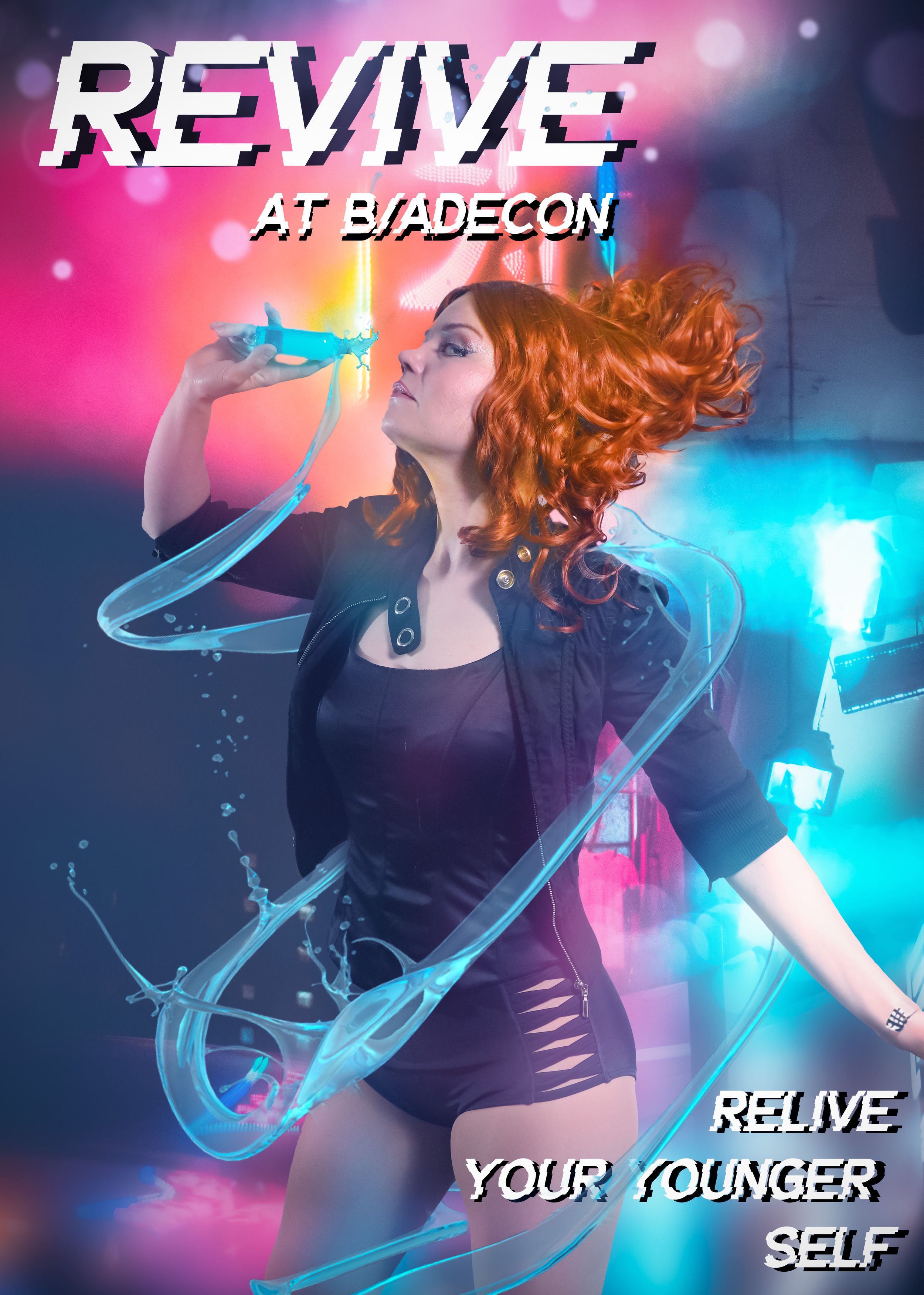 Artistic promotional poster with glowing effects for 'Revive at B/adecon' event.