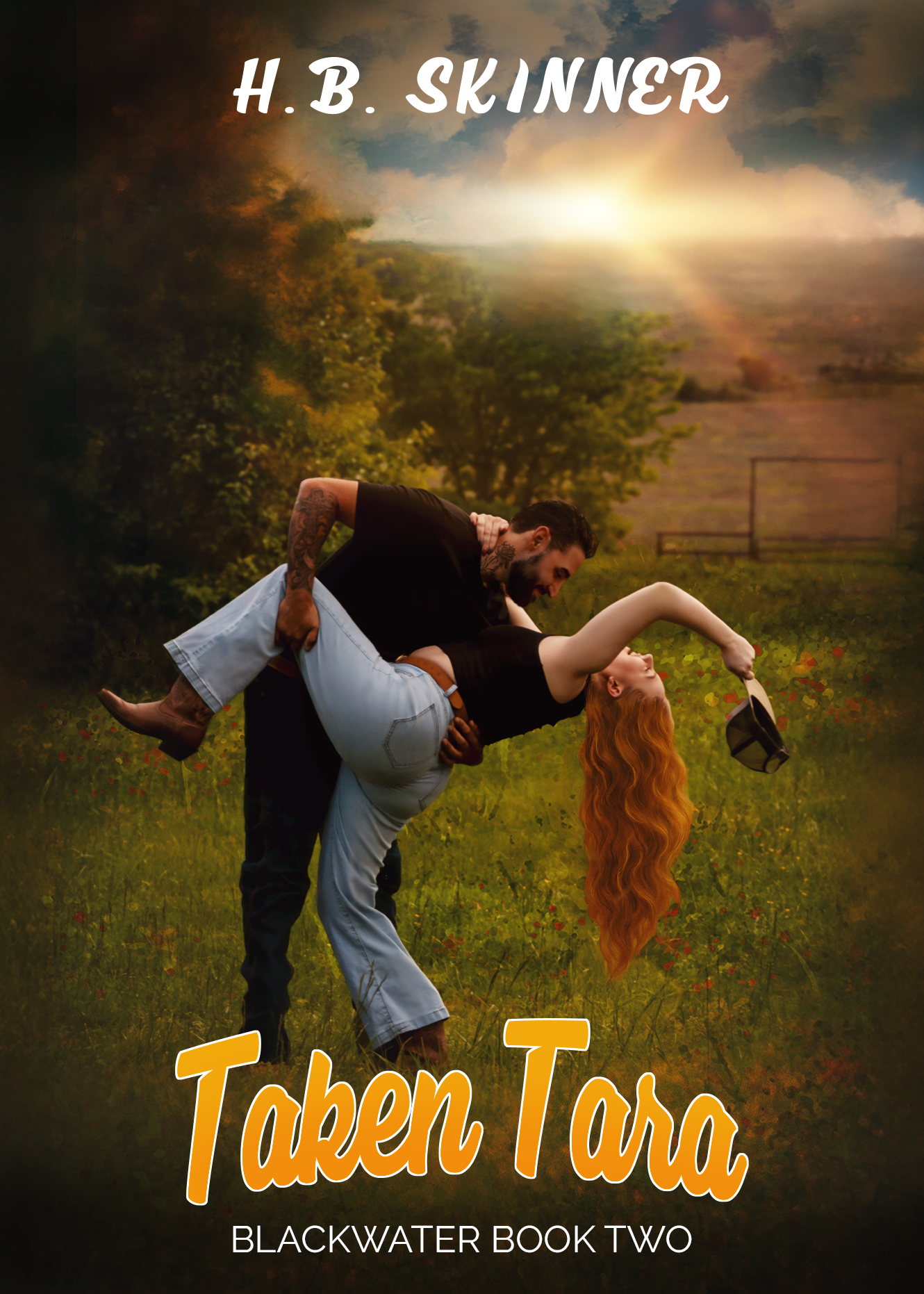 A romantic book cover showing a couple dancing in a field at sunset with golden light and text reading 'Taken Tara' by H.B. Skinner.