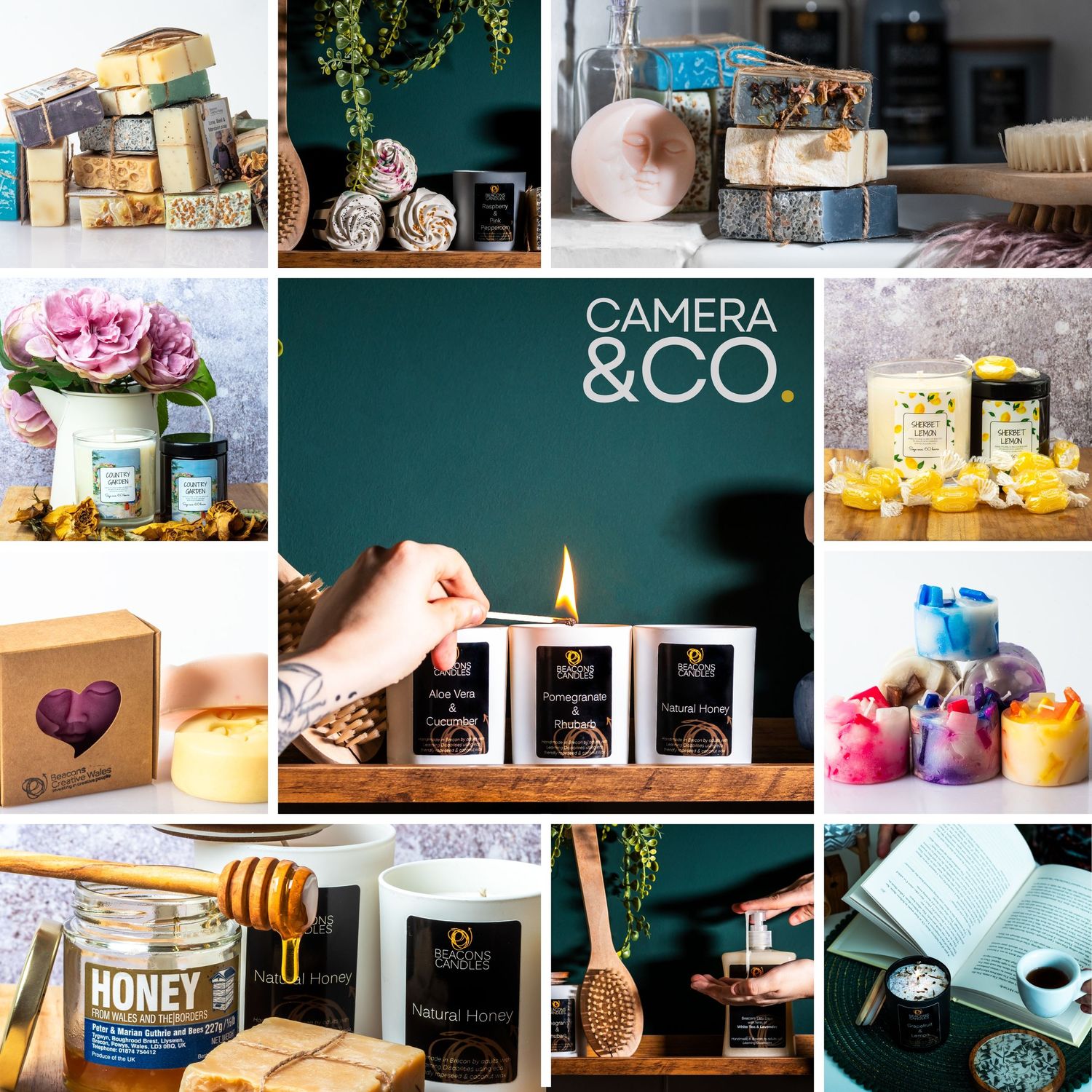 Collection of lifestyle product photography featuring honey, candles, and home decor items.