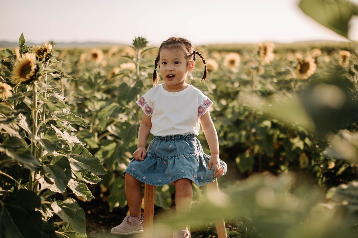 Exploring a sunflower field in a blue denim skirt and white top.